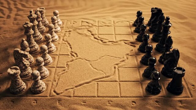 Cinematic 3D illustration of a sand-carved chessboard featuring a map of South America. Symbolic of geopolitical strategy and conflict, ideal for political news, documentaries, and global analysis
