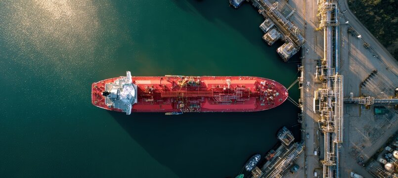 Vertical Aerial View of Massive LNG Carrier Docked at Port Terminal