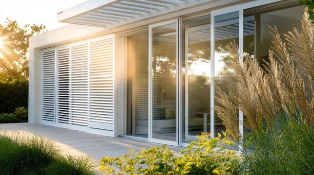 Stunning photo of Modern luxury house exterior with white sliding glass doors and wooden shutters at sunset