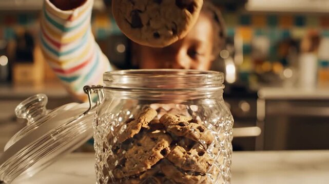 A young child, beaming with joy, reaches into a glass jar filled with freshly baked cookies in a cozy kitchen. The warm atmosphere captures the essence of family togetherness.