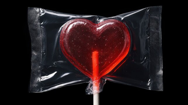 Glossy red heart-shaped lollipop candy securely sealed in clear plastic wrapper packaging