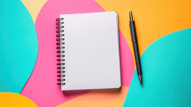 Stunning photo of Open blank spiral notebook with black pen on colorful geometric background
