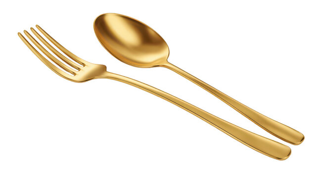 gold fork and spoon isolated on a white background