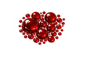 Group of red shiny liquid drops and bubbles in various sizes, representing blood or medicine, with a transparent background