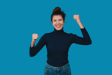 Confident Female Entrepreneur Cheers Peacefully, Happy Woman In Casual Attire Exudes Victory And...