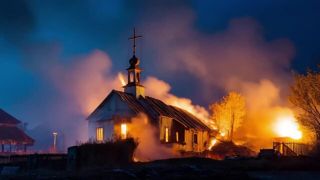 Church engulfed in flames during air raid cross still standing amid smoke apocalyptic atmosphere (3)
