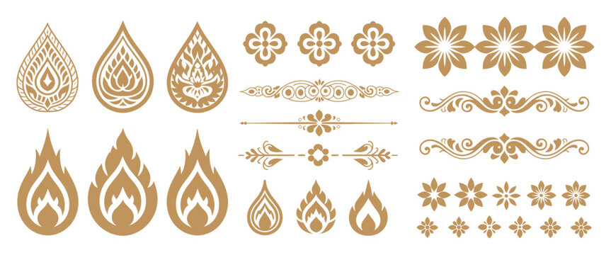 Thai Decorative Graphic Elements Collection Featuring Golden Lotus, Flame Motifs, Kanok Patterns, and Ornamental Floral Designs for Traditional Thai Art and Cultural Design Projects