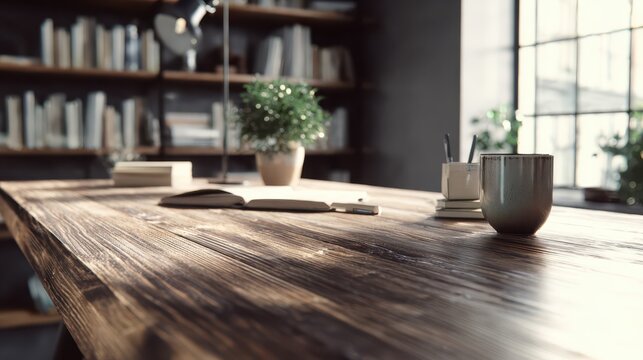 Calm editorial scene: dark wood desk, decorative items, and blurred bookcase backdrop
