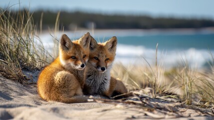 Fototapeta premium Coastal wildlife moment: fox cubs cuddled on the shore with gentle sea breeze