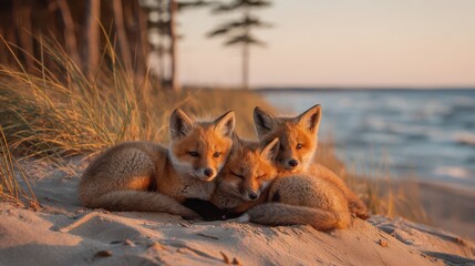 Fototapeta premium Playful fox cubs snuggling on a coastal shoreline with dune grasses and pine backdrop