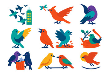 Urban Bird Behaviors. Flat vector icons of Bird Behavior in Cities: flock circling skyscraper, bird chasing insect, preening