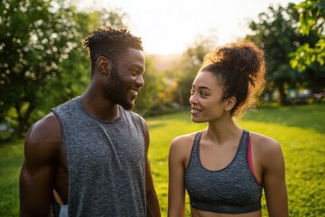 Fototapeta premium Happy athletic pair in a park, bright smiles and warm connection