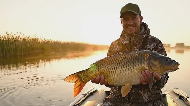 Angler proudly displaying freshly caught fish while seated in kayak, showcasing the excitement of fishing at sunrise on tranquil waters