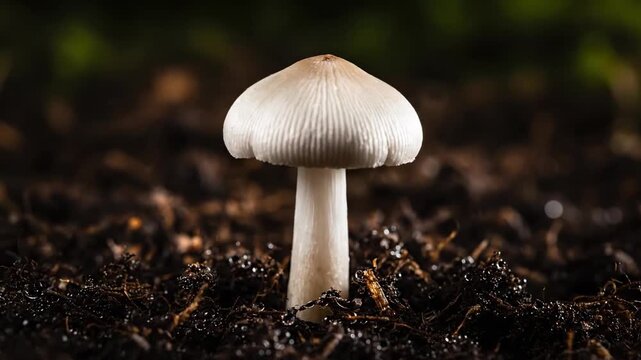 A macro shot of a brown edible boletus mushroom growing in the wild green moss and grass of an autumn forest