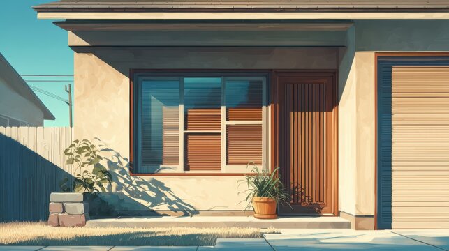 Cozy suburban house exterior with a large window and partially rolled shutter
