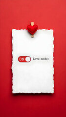 White paper with a red heart clip and Love mode ON toggle switch text on a red background, conceptual Valentine's Day message for romance and relationship themes