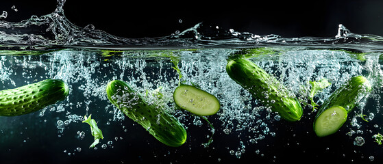 Fresh green cucumbers and slices falling into clear water with bubbles and splashes, dark background for food industry and healthy lifestyle