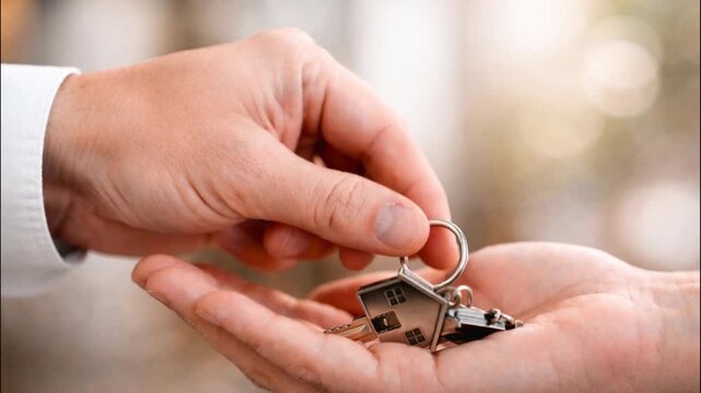 Hand of apartment agent or realtor was holding the key to the new landlord, tenant or rental.