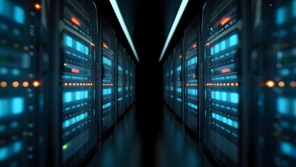 Big data center server racks hardware data network host room storage systems technology. 3d rendering.