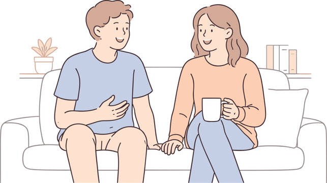 Calm Friendship Chat. Two friends sit side by side in a living room talking calmly and relaxed Minimalist flat line vector