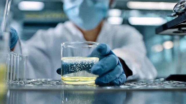 Scientist examining water sample in lab to test chemical composition for safe drinking standards focusing on clear liquid under controlled conditions.