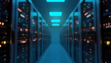 Big data center server racks hardware data network host room storage systems technology. 3d rendering.