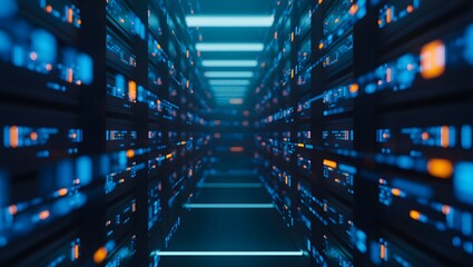 Big data center server racks hardware data network host room storage systems technology. 3d rendering.