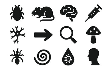 Neuroparasitology Icons Collection. Solid style icons of neuroparasitology and host manipulation: parasite, rat, brain, syringe,