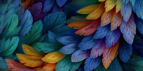 Colorful macaw parrot feathers texture close up, abstract exotic bird plumage background pattern with vibrant blue yellow and red colors, tropical nature wallpaper design