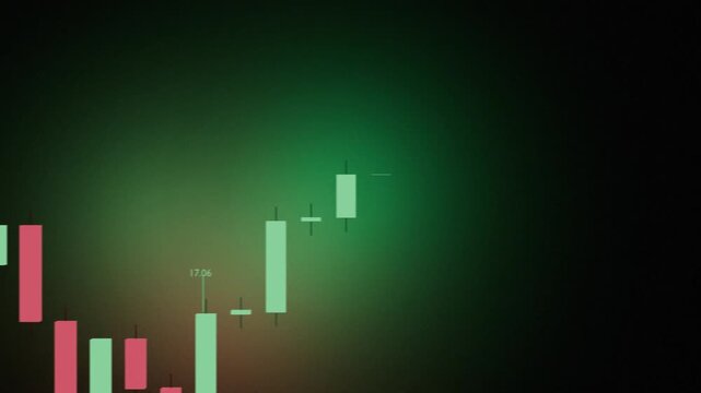 Stock market chart with vibrant candlesticks project lights on black background. 3D scene with depth of field. Green and red candles trends prices.