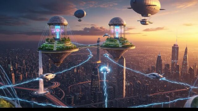Floating eco-city at dusk, energy and aerial transport