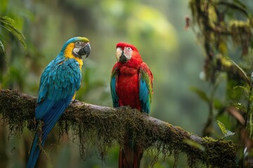 Fototapeta premium Vibrant macaw parrots perched on a lush tropical branch in sunlight