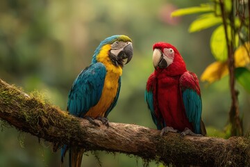 Obraz premium Tropical rainforest scene featuring macaw parrots resting on a branch