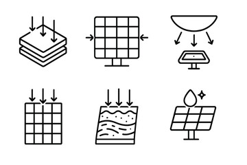 Solar Cell Innovations. Line style icons of Solar Cell Innovations: tandem cell stack, bifacial panel icon, concentrator lens,