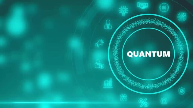 Digital concept of quantum computing with glowing icons and data visualization on a teal background