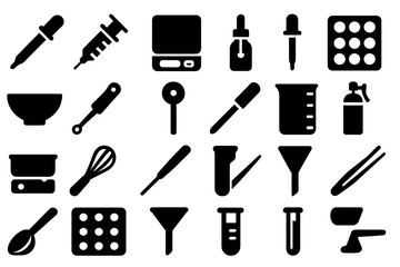 Obraz premium Molecular Gastronomy Tools. Solid style icons of Molecular Gastronomy Tools: pipette, syringe, digital scale, dropper bottle,