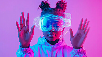 Future technology concept: Young girl wearing glowing VR goggles interacts with immersive virtual reality interface under vibrant neon pink and blue lighting.
