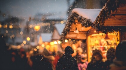 Cozy winter evening at a bustling holiday market with snow falling