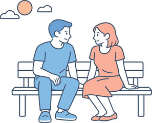 Sunny Bench Conversation. Couple sits on a bench talking quietly while enjoying a warm sunny day Minimalist flat line vector