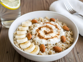 Oatmeal Porridge Bowl with Sliced Bananas, Whole Almonds, Yogurt, and Cinnamon Swirl on a Wooden Table, Healthy Breakfast for Fitness Diet and Nutritious Morning Meal