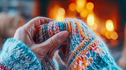 Close-up of hands adorned in vibrant, multicolored knitted sweater or cozy mittens, basking in warm, inviting glow of blurred fireplace, evoking comfort and winter cheer.
