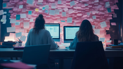 Dedicated professionals focused on their glowing computer screens, backed by massive wall covered in countless pink sticky notes, symbolizing intense brainstorming, project management, and collaborati