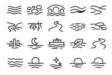 River Icons Collection. Line style icons of rivers and crossings: flowing current, pebble bed, bridge arch, shadowed wave,