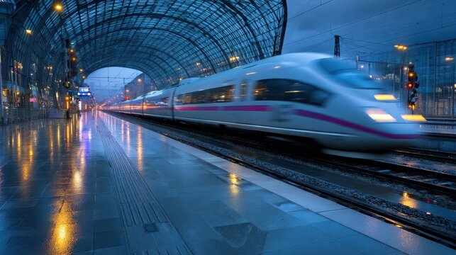 Long-exposure night scene of an intercity train rushing through a sleek station with glass canopy and warm reflections