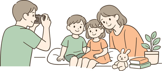 Obraz premium Family Photo Moment. Parents capturing a family moment with a photo, one parent holding the camera while the other leans in calmly