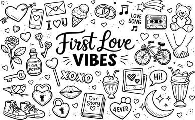 First Love Doodles. First love vibes doodle elements set, hand drawn doodle elements set, center hand-lettered title, black &