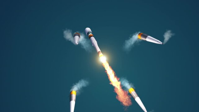 3D animation of a rocket launch with first stage separation and four boosters detaching after liftoff.