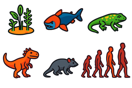 Evolutionary Icons. Isometric vector illustration set Evolutionary Milestones: first land plants, armored fish, early tetrapod,