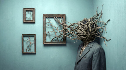 Surreal conceptual man in suit with head wrapped in tangled roots connected to picture frames on blue wall