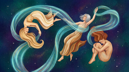 Three Mystical Ethereal Women Floating in Starry Cosmic Space with Flowing Blue Ribbon - Spiritual Goddess Illustration
